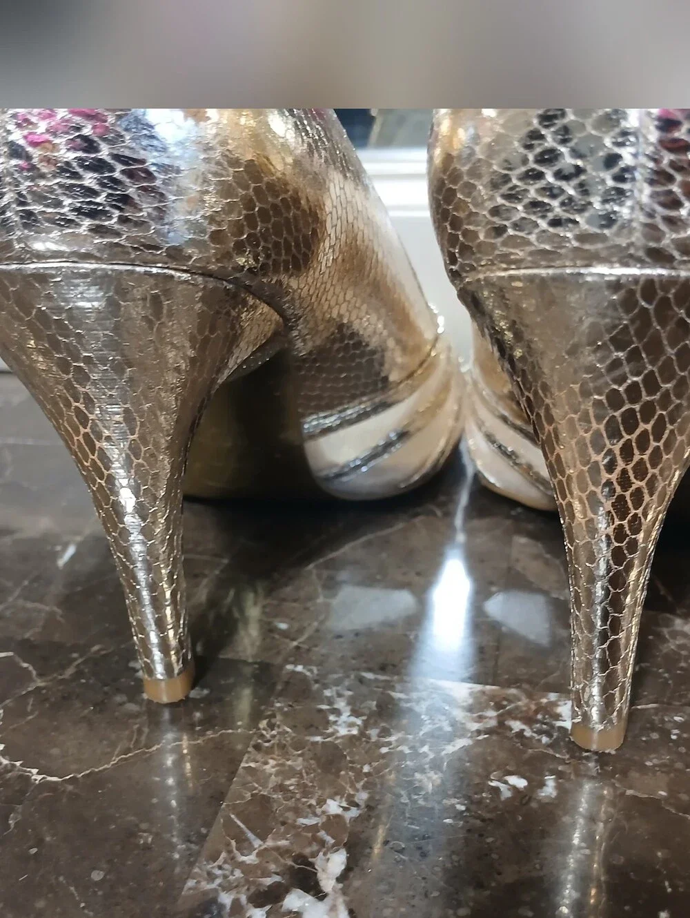 Adrianna Papell Gold Metallic Snake-Texture Peep-Toe Heels